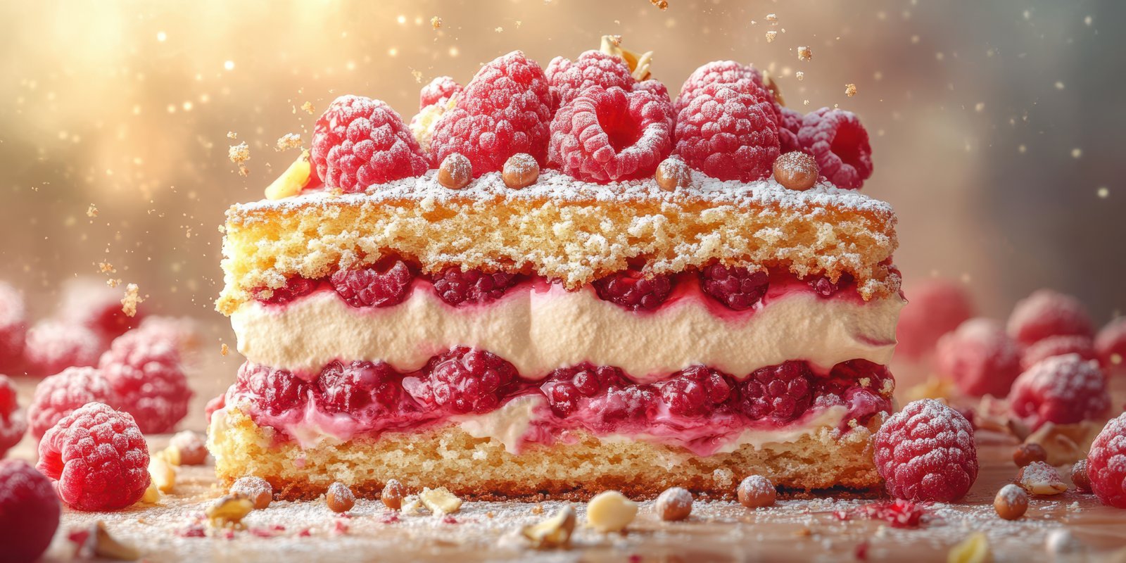 Exquisite raspberry layer cake with whipped cream and a sprinkle of sugar on a rustic wooden table